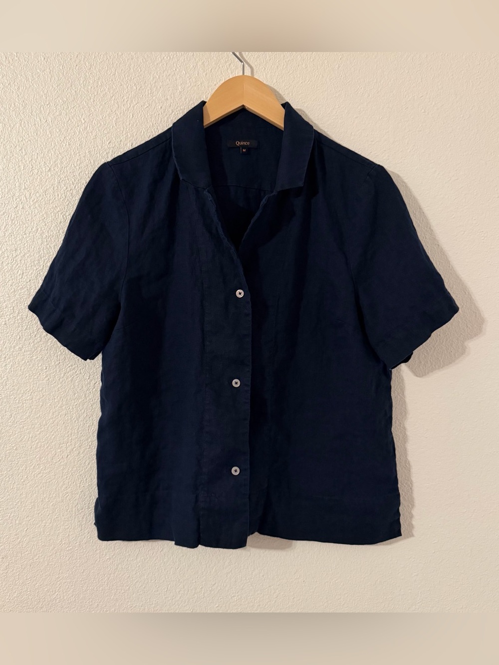 Quince Women's 100% European Linen Short Sleeve Shirt in Flax Deep Navy Medium
